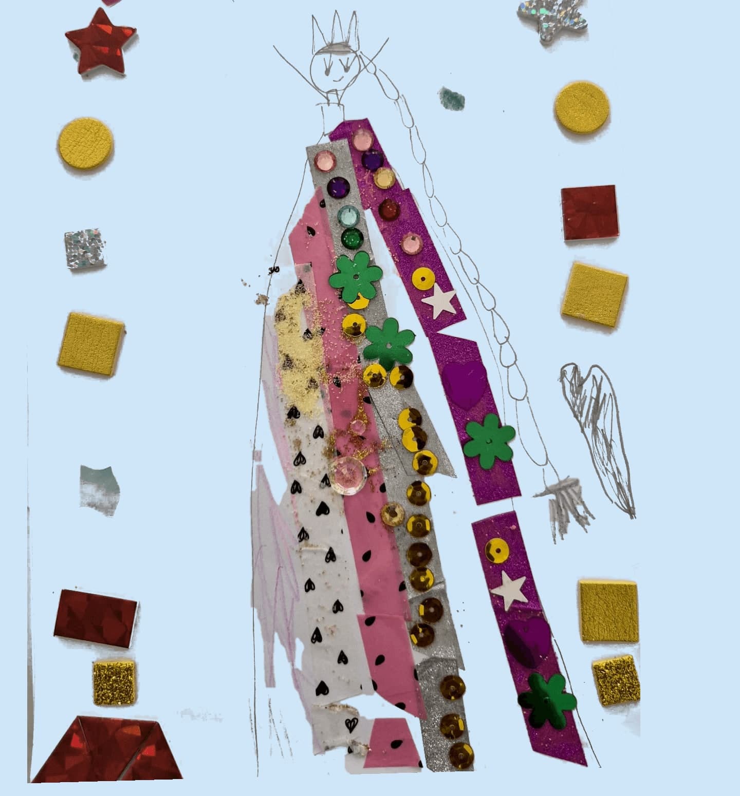 The same queen, cut out of the photo with the background removed — every sequin and pencil line unchanged.