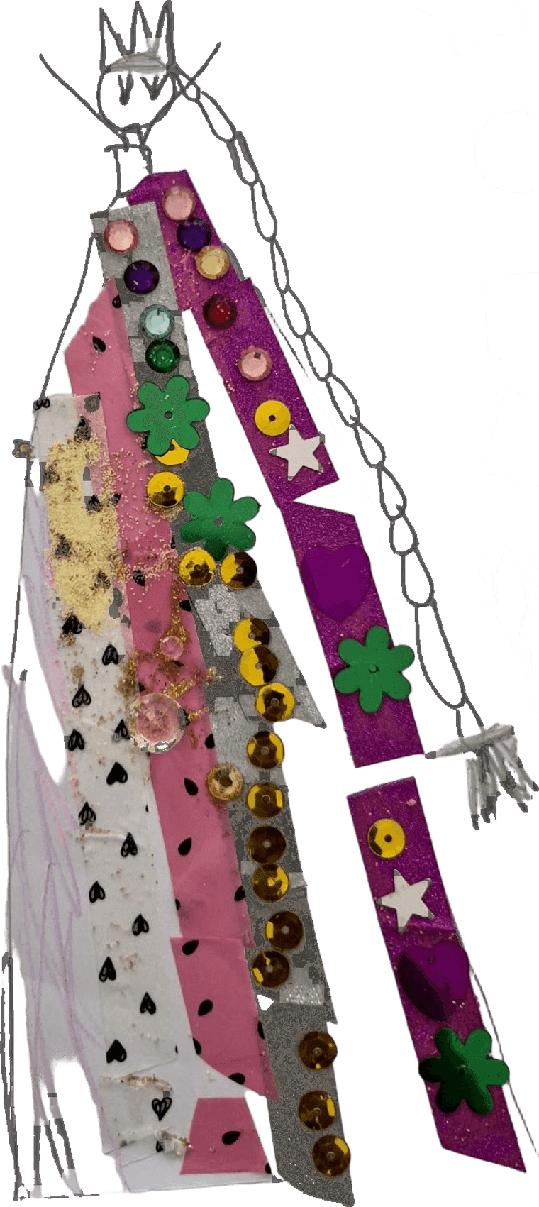 The same queen, cut out of the photo with the background removed — every sequin and pencil line unchanged.