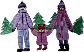 The same three figures and their fir trees lifted off the page, with the paper and the dark background gone — every stiff straight leg and mitten hand unchanged.
