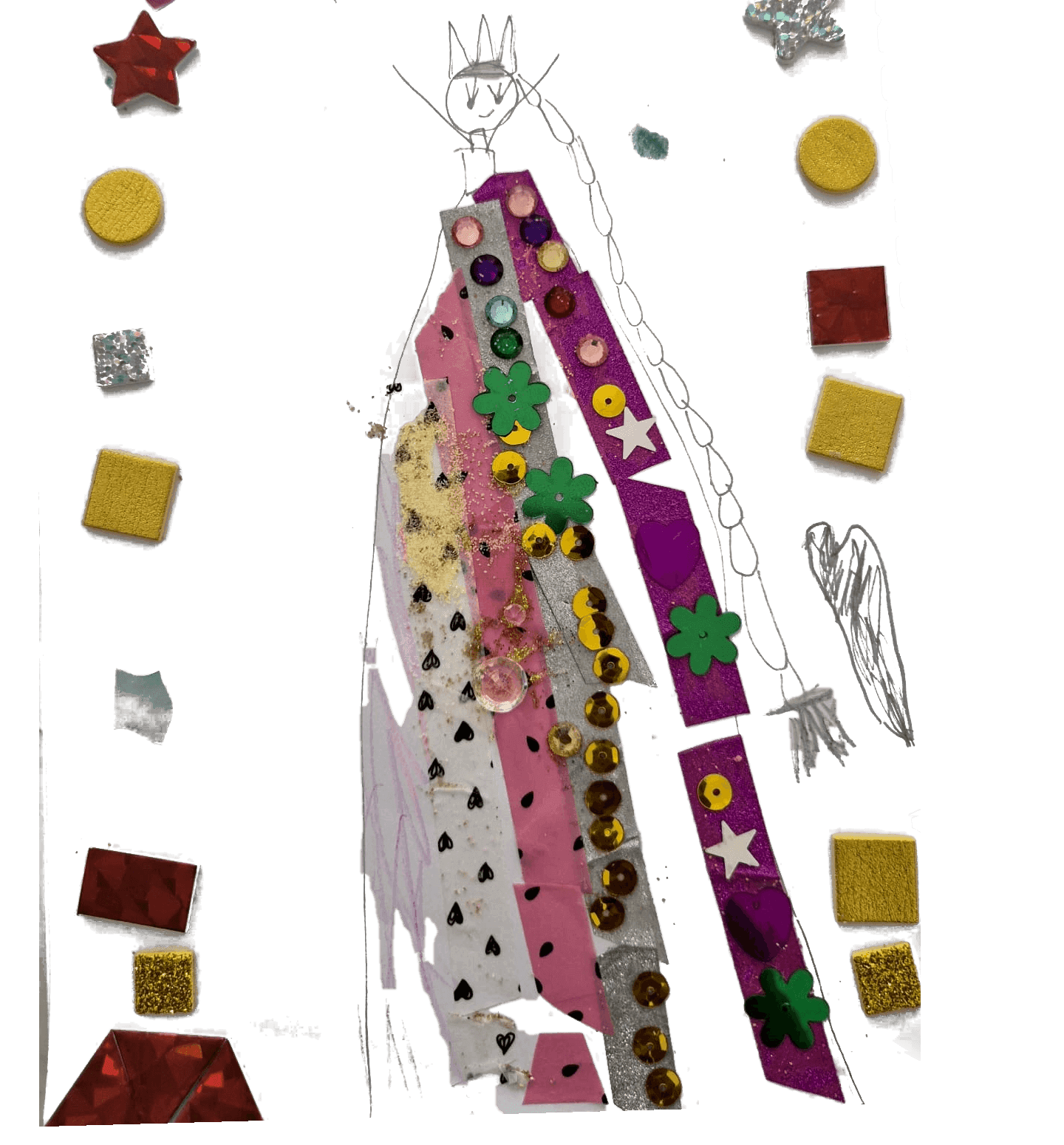 The same queen, cut out of the photo with the background removed — every sequin and pencil line unchanged.